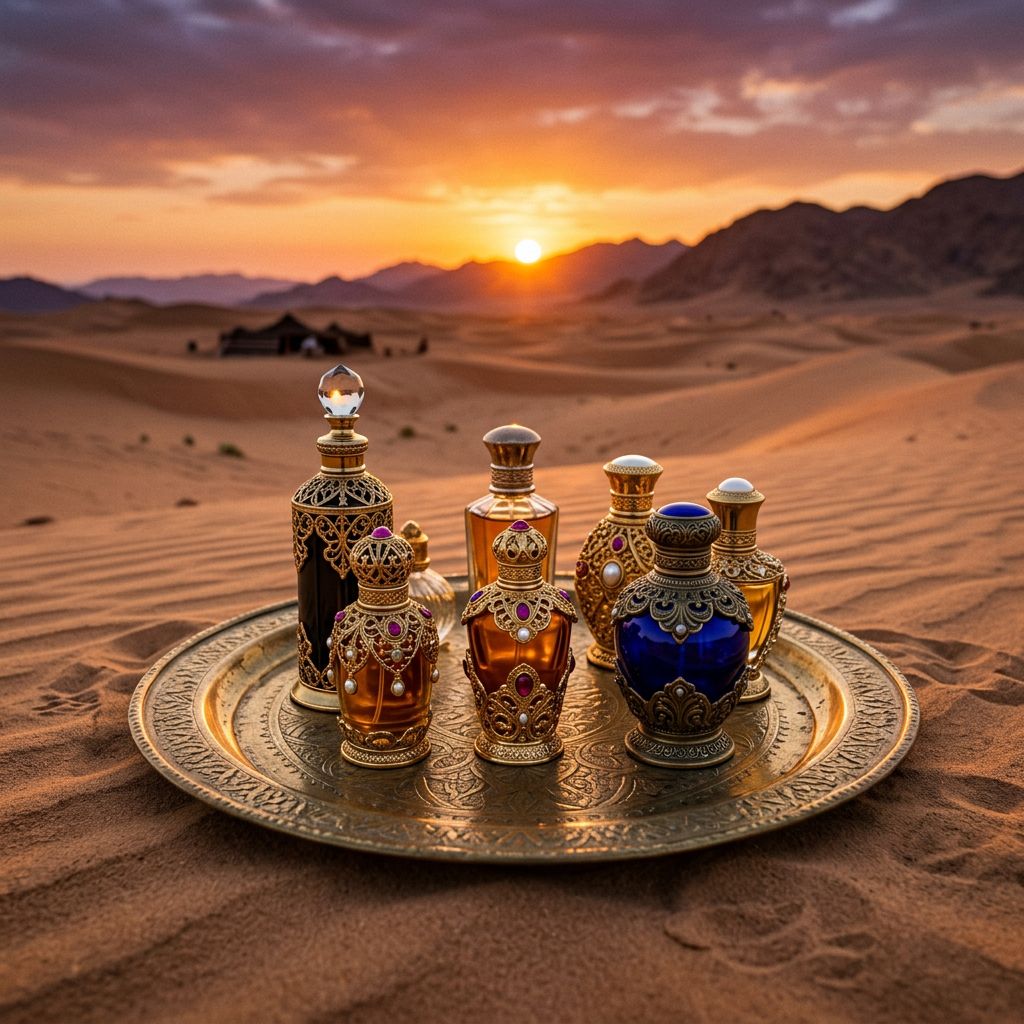 Decorative perfume bottles on an engraved tray in desert sand at sunset.